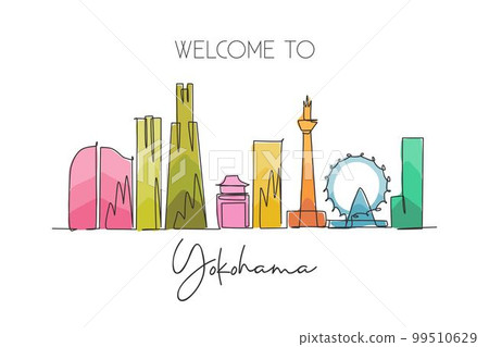 One continuous line drawing of Yokohama city skyline, Japan. Beautiful landmark. World landscape tourism and travel vacation poster. Editable stylish stroke single line draw design vector illustration One continuous line drawing of Yokohama city skyline, Japan. Beautiful landmark. World landscape tourism and travel vacation poster. Editable stylish stroke single line draw design vector illustration 99510629
