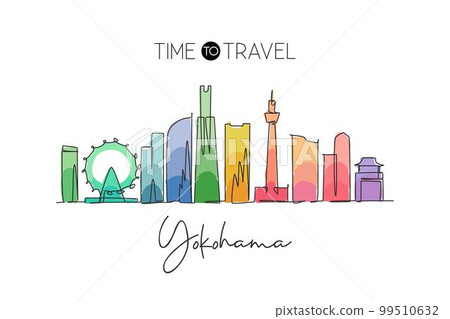 One single line drawing of Yokohama city skyline, Japan. Historical town landscape. Best holiday destination home decor wall poster print art. Trendy continuous line draw design vector illustration 99510632