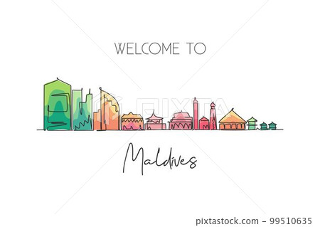 Single continuous line drawing Male skyline, Maldives. Famous city scraper landscape postcard print. World travel destination concept. Editable stroke modern one line draw design vector illustration 99510635