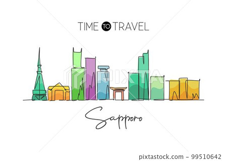 One continuous line drawing of Sapporo city skyline, Japan. Beautiful landmark. World landscape tourism and travel vacation poster. Editable stylish stroke single line draw design vector illustration 99510642