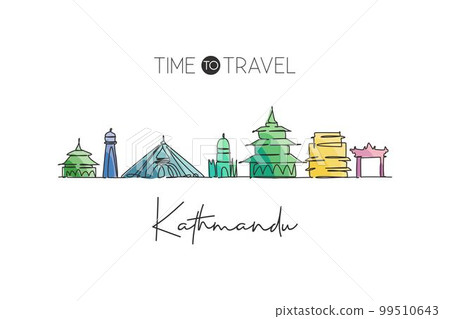 Single continuous line drawing Kathmandu skyline, Nepal. Famous city scraper landscape home wall decor poster print. World travel destination concept. Modern one line draw design vector illustration 99510643