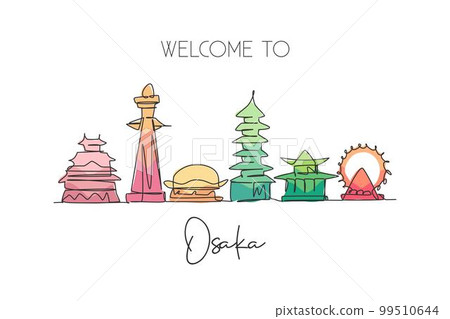 One continuous line drawing of Osaka city skyline, Japan. Beautiful landmark. World landscape tourism and travel vacation poster. Editable stylish stroke single line draw design vector illustration 99510644
