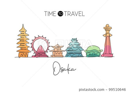One single line drawing of Osaka city skyline, Japan. Historical town landscape. Best holiday destination home decor wall art poster print. Trendy continuous line draw design vector illustration One single line drawing of Osaka city skyline, Japan. Historical town landscape. Best holiday destination home decor wall art poster print. Trendy continuous line draw design vector illustration 99510646
