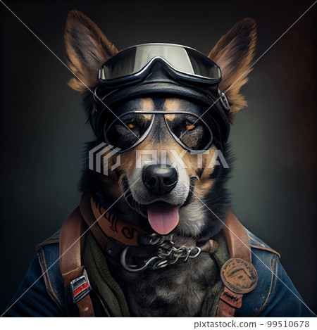 Dog in biker or pilot uniform. Dog in biker or pilot uniform. 99510678