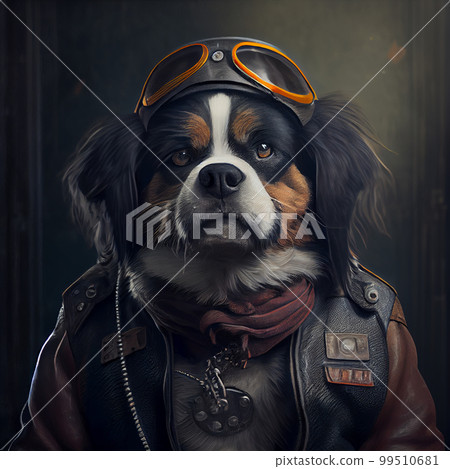 Dog in biker or pilot uniform. 99510681