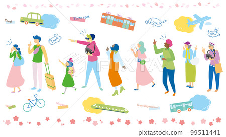 A wide variety of men and women of all ages enjoying spring sightseeing and a set of vehicles (flat) 99511441