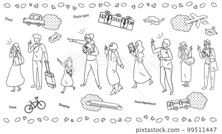 A wide variety of men and women of all ages who enjoy sightseeing in autumn and a set of vehicles (line drawing black and white) 99511447