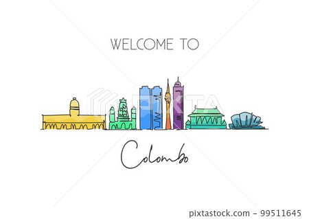 One continuous line drawing Colombo city skyline, Sri Lanka. Beautiful landmark postcard. World landscape tourism travel vacation. Editable stylish stroke single line draw design vector illustration 99511645