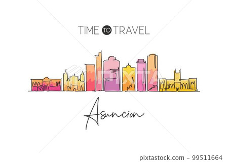 Single continuous line drawing Asuncion skyline, Paraguay. Famous city scraper landscape home wall decor poster print. World travel destination concept. Modern one line draw design vector illustration Single continuous line drawing Asuncion skyline, Paraguay. Famous city scraper landscape home wall decor poster print. World travel destination concept. Modern one line draw design vector illustration 99511664