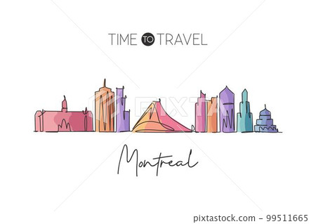 One continuous line drawing Montreal city skyline, Canada. Beautiful landmark home wall decor poster print. World landscape tourism travel vacation. Stylish single line draw design vector illustration One continuous line drawing Montreal city skyline, Canada. Beautiful landmark home wall decor poster print. World landscape tourism travel vacation. Stylish single line draw design vector illustration 99511665