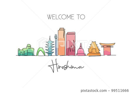 One continuous line drawing Hiroshima city skyline, Japan. Beautiful landmark. World landscape tourism travel vacation poster art. Editable stylish stroke single line draw design vector illustration One continuous line drawing Hiroshima city skyline, Japan. Beautiful landmark. World landscape tourism travel vacation poster art. Editable stylish stroke single line draw design vector illustration 99511666