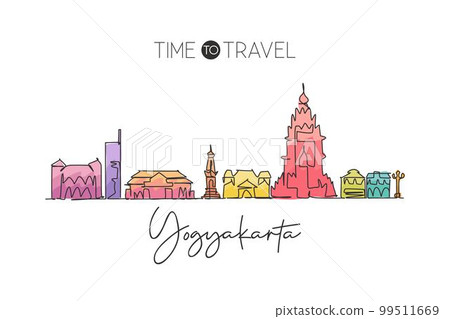 One single line drawing Yogyakarta city skyline Indonesia. World town landscape home wall decor poster print art. Best place holiday destination. Trendy continuous line draw design vector illustration One single line drawing Yogyakarta city skyline Indonesia. World town landscape home wall decor poster print art. Best place holiday destination. Trendy continuous line draw design vector illustration 99511669