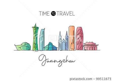 Depok, Indonesia - September 17, 2019: One continuous line drawing of Guangzhou city skyline, China. World beautiful landscape tourism. Editable stroke single line draw design vector illustration 99511673