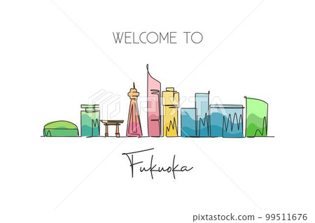 One single line drawing of Fukuoka city skyline, Japan. Historical town landscape in the world. Best holiday destination poster. Editable stroke trendy continuous line draw design vector illustration One single line drawing of Fukuoka city skyline, Japan. Historical town landscape in the world. Best holiday destination poster. Editable stroke trendy continuous line draw design vector illustration 99511676