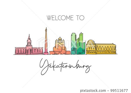 One continuous line drawing Yekaterinburg city skyline Russia. Beautiful landmark postcard. World landscape tourism travel vacation. Editable stylish stroke single line draw design vector illustration One continuous line drawing Yekaterinburg city skyline Russia. Beautiful landmark postcard. World landscape tourism travel vacation. Editable stylish stroke single line draw design vector illustration 99511677