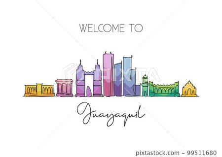 One single line drawing Guayaquil city skyline, Ecuador. World historical town landscape wall decor poster print. Best place holiday destination. Trendy continuous line draw design vector illustration 99511680