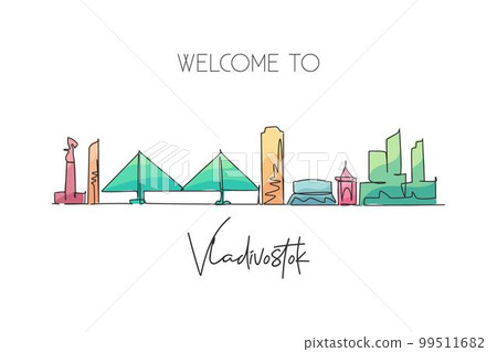 One single line drawing of Vladivostok city skyline, Russia. World town landscape postcard. Best place holiday destination. Editable stroke trendy continuous line draw design art vector illustration One single line drawing of Vladivostok city skyline, Russia. World town landscape postcard. Best place holiday destination. Editable stroke trendy continuous line draw design art vector illustration 99511682