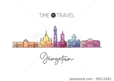 One continuous line drawing of Georgetown city skyline, Guyana. Beautiful landmark home wall decor poster. World landscape tourism travel vacation. Stylish single line draw design vector illustration One continuous line drawing of Georgetown city skyline, Guyana. Beautiful landmark home wall decor poster. World landscape tourism travel vacation. Stylish single line draw design vector illustration 99511683