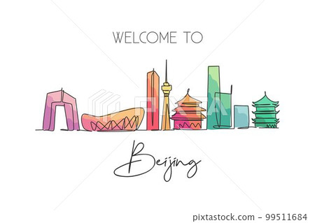 One single line drawing of Beijing city skyline, China. Historical town landscape in the world. Best holiday destination poster. Editable stroke trendy continuous line draw design vector illustration 99511684