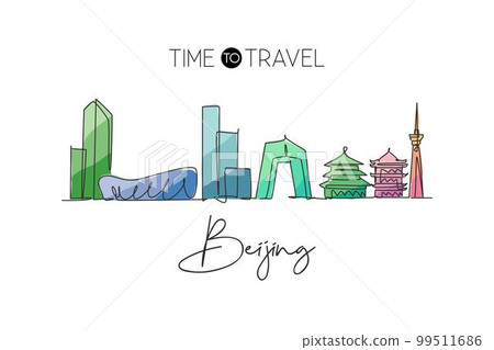 Single continuous line drawing of Beijing city skyline, China. Famous city scraper and landscape. World travel concept home decor wall art poster print. Modern one line draw design vector illustration 99511686