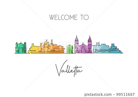 One continuous line drawing of Valletta city skyline, Malta. Beautiful landmark postcard. World landscape tourism travel vacation. Editable stylish stroke single line draw design vector illustration One continuous line drawing of Valletta city skyline, Malta. Beautiful landmark postcard. World landscape tourism travel vacation. Editable stylish stroke single line draw design vector illustration 99511687