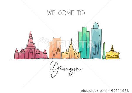 One single line drawing of Yangon city skyline, Myanmar. Historical town landscape in the world. Best holiday destination poster. Editable stroke trendy continuous line draw design vector illustration 99511688
