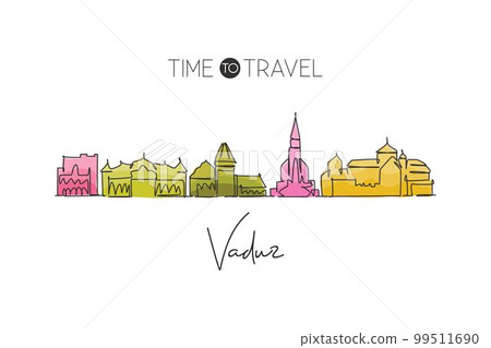 One single line drawing of Vaduz city skyline, Liechtenstein. World town landscape postcard. Best place holiday destination. Editable stroke trendy continuous line draw design vector art illustration 99511690