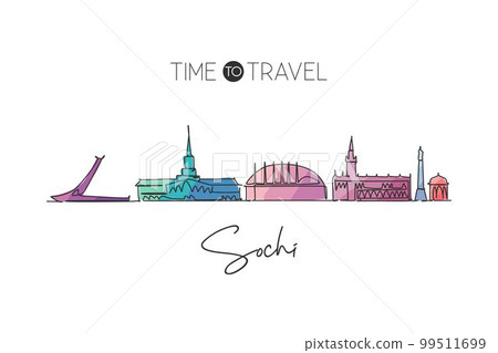 One single line drawing of Sochi city skyline, Russia. World historical town landscape postcard. Best place holiday destination. Editable stroke trendy continuous line draw design vector illustration 99511699