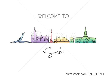 Single continuous line drawing Sochi skyline, Russia. Famous city scraper landscape home wall decor poster print art. World travel destination concept. Modern one line draw design vector illustration Single continuous line drawing Sochi skyline, Russia. Famous city scraper landscape home wall decor poster print art. World travel destination concept. Modern one line draw design vector illustration 99511701
