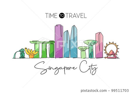 One continuous line drawing of Singapore city skyline. Beautiful landmark. World landscape tourism and travel vacation poster print. Editable stylish stroke single line draw design vector illustration 99511703