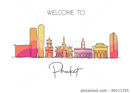One continuous line drawing of Phuket city skyline, Thailand. Beautiful landmark. World landscape tourism travel vacation poster. Editable stylish stroke single line draw design vector illustration One continuous line drawing of Phuket city skyline, Thailand. Beautiful landmark. World landscape tourism travel vacation poster. Editable stylish stroke single line draw design vector illustration 99511705