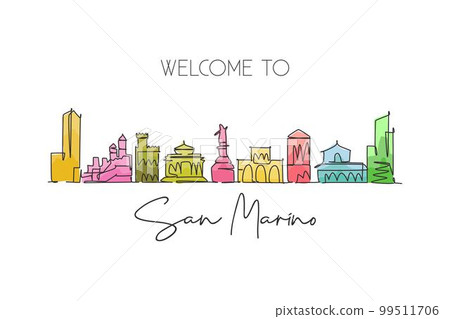One continuous line drawing San Marino city skyline San Marino. Beautiful landmark wall decor poster print. World landscape tourism travel vacation. Stylish single line draw design vector illustration One continuous line drawing San Marino city skyline San Marino. Beautiful landmark wall decor poster print. World landscape tourism travel vacation. Stylish single line draw design vector illustration 99511706