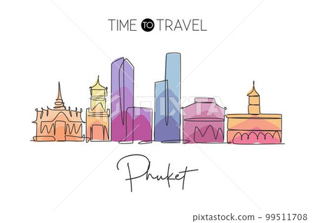 One single line drawing of Phuket city skyline, Thailand. Historical town landscape. Best holiday destination home art wall decor poster print. Trendy continuous line draw design vector illustration One single line drawing of Phuket city skyline, Thailand. Historical town landscape. Best holiday destination home art wall decor poster print. Trendy continuous line draw design vector illustration 99511708