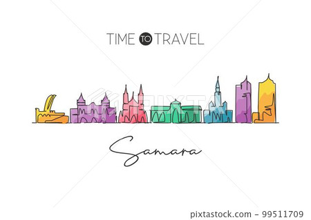 One continuous line drawing Samara city skyline, Russia. Beautiful landmark home wall decor poster print. World landscape tourism travel vacation. Stylish single line draw design vector illustration 99511709