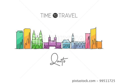 Single continuous line drawing of Quito city skyline, Ecuador. Famous city scraper and landscape. World travel destination concept. Editable stroke modern one line draw art design vector illustration Single continuous line drawing of Quito city skyline, Ecuador. Famous city scraper and landscape. World travel destination concept. Editable stroke modern one line draw art design vector illustration 99511725