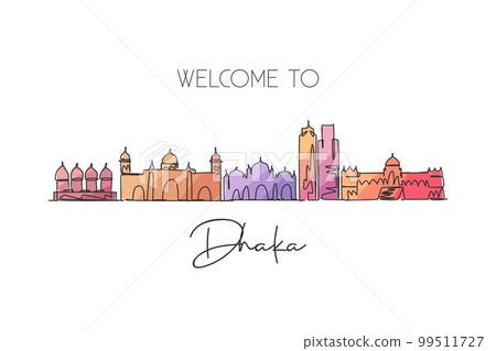 One continuous line drawing Dhaka city skyline Bangladesh. Beautiful landmark postcard. World landscape tourism and travel vacation. Editable stylish stroke single line draw design vector illustration One continuous line drawing Dhaka city skyline Bangladesh. Beautiful landmark postcard. World landscape tourism and travel vacation. Editable stylish stroke single line draw design vector illustration 99511727
