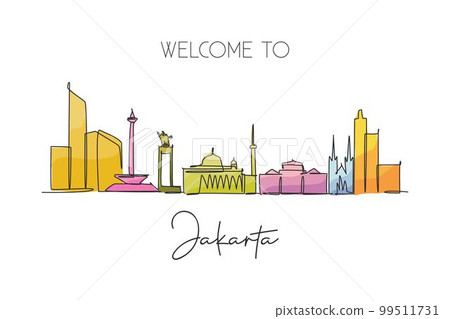 Single continuous line drawing of Jakarta city skyline, Indonesia. Famous city scraper landscape. World travel concept home wall decor poster print art. Modern one line draw design vector illustration Single continuous line drawing of Jakarta city skyline, Indonesia. Famous city scraper landscape. World travel concept home wall decor poster print art. Modern one line draw design vector illustration 99511731