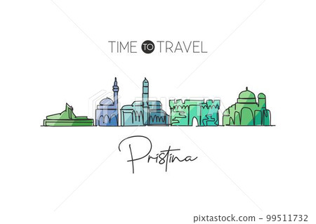 Single continuous line drawing Pristina skyline, Kosovo. Famous city scraper landscape. World travel destination wall home decor poster print concept. Modern one line draw design vector illustration Single continuous line drawing Pristina skyline, Kosovo. Famous city scraper landscape. World travel destination wall home decor poster print concept. Modern one line draw design vector illustration 99511732