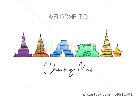 Single continuous line drawing of Chiang Mai city skyline, Thailand. Famous city landscape. World travel concept home wall decor poster print art. Modern one line draw design vector illustration Single continuous line drawing of Chiang Mai city skyline, Thailand. Famous city landscape. World travel concept home wall decor poster print art. Modern one line draw design vector illustration 99511741