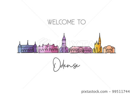 One single line drawing Odense city skyline, Denmark. World historical town landscape postcard. Best place holiday destination. Editable stroke trendy continuous line draw design vector illustration One single line drawing Odense city skyline, Denmark. World historical town landscape postcard. Best place holiday destination. Editable stroke trendy continuous line draw design vector illustration 99511744