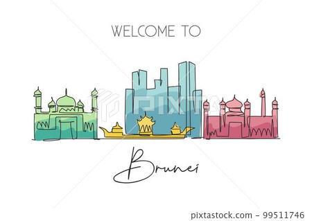One single line drawing of Bandar Seri Begawan city skyline, Brunei Darussalam. Town landscape in the world. Best holiday destination. Editable stroke continuous line draw design vector illustration One single line drawing of Bandar Seri Begawan city skyline, Brunei Darussalam. Town landscape in the world. Best holiday destination. Editable stroke continuous line draw design vector illustration 99511746
