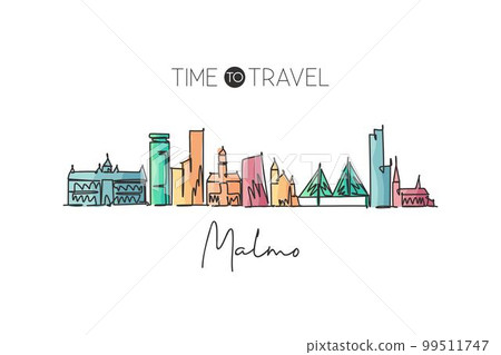 Single continuous line drawing of Malmo skyline, Sweden. Famous city scraper landscape. World travel destination home decor wall poster print concept. Modern one line draw design vector illustration Single continuous line drawing of Malmo skyline, Sweden. Famous city scraper landscape. World travel destination home decor wall poster print concept. Modern one line draw design vector illustration 99511747