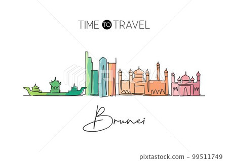 Single continuous line drawing of Bandar Seri Begawan city skyline, Brunei Darussalam. Famous city landscape. World travel concept wall decor poster print art. One line draw design vector illustration Single continuous line drawing of Bandar Seri Begawan city skyline, Brunei Darussalam. Famous city landscape. World travel concept wall decor poster print art. One line draw design vector illustration 99511749