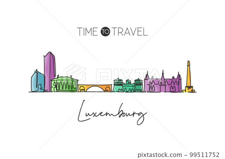 Single continuous line drawing Luxembourg city skyline. Famous city scraper landscape home wall decor poster print. World travel destination concept. Modern one line draw design vector illustration 99511752