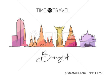 One single line drawing of Bangkok city skyline, Thailand. Historical town landscape. Best holiday destination home decor wall art poster print. Trendy continuous line draw design vector illustration 99511753