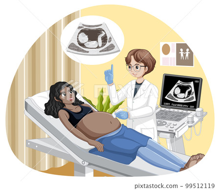 Doctor doing ultrasound scan for pregnant woman Doctor doing ultrasound scan for pregnant woman 99512119