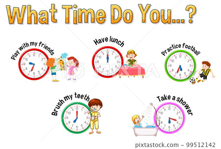 Daily routine with time and cartoon characters - Stock Illustration ...