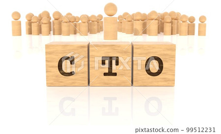 Job title CTO branded on a wooden block and a wooden figure (3D rendering) 99512231