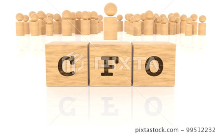 在木塊和木圖（3D 渲染）上烙印的職稱 CFO 99512232