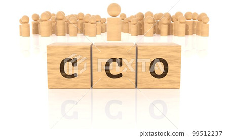 Job title letters CCO branded on a wooden block and a wooden figure (3D rendering) 99512237